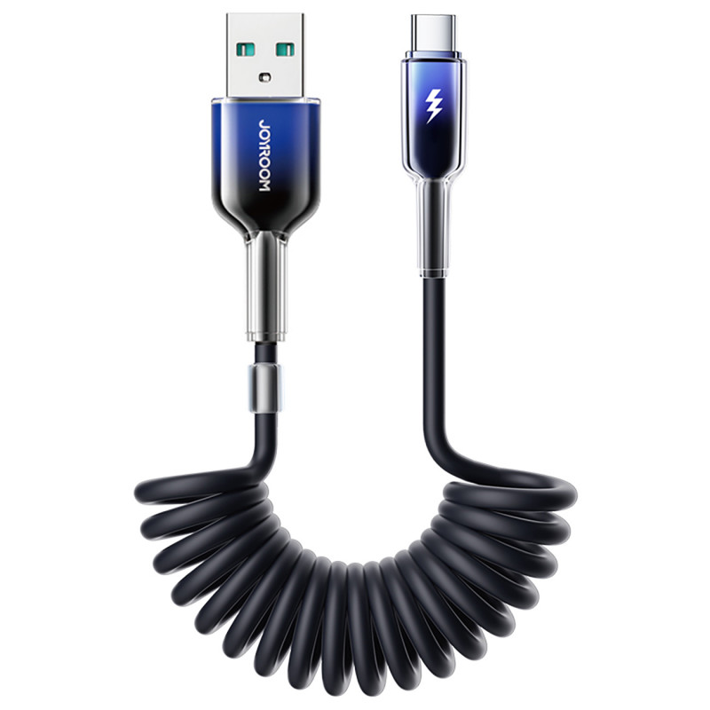 „Joyroom S-A43 Crystal-Clear“ serijos 3A USB-A - USB-C spiralinis kabelis, 1,5 m, juodas