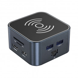 „Wozinsky WHBC09Y8S 12 viename USB-C šakotuvas, daugiafunkcis, su belaidžio įkrovimo funkcija, aliuminis, su 15 cm laidu...