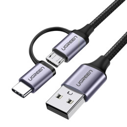 Ugreen kabelis 2in1 USB – mikro USB / USB Type C 1m 2.4A juodas (30875)