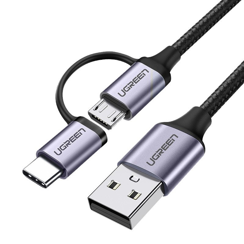 Ugreen kabelis 2in1 USB – mikro USB / USB Type C 1m 2.4A juodas (30875)
