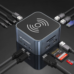 „Wozinsky WHBC09Y8S 12 viename USB-C šakotuvas, daugiafunkcis, su belaidžio įkrovimo funkcija, aliuminis, su 15 cm laidu...