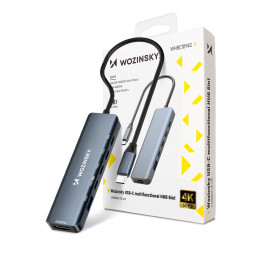 „Wozinsky WHBC10Y4S“ 6 viename USB-C šakotuvas, daugiafunkcis, aliuminis, su 15 cm laidu – pilkas