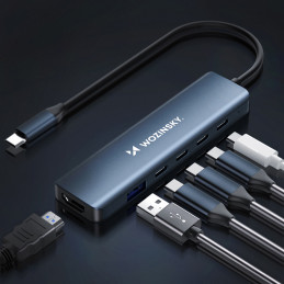 „Wozinsky WHBC10Y4S“ 6 viename USB-C šakotuvas, daugiafunkcis, aliuminis, su 15 cm laidu – pilkas