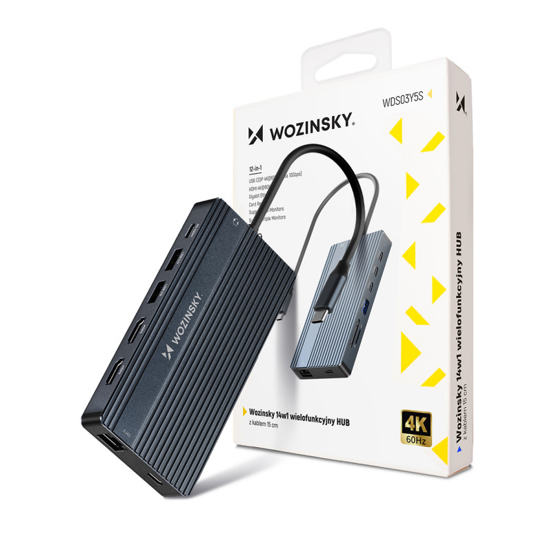 „Wozinsky WDS03Y5S 14 viename USB-C šakotuvas, daugiafunkcis, aliuminis, iki 3 monitorių, su 15 cm laidu - pilkas