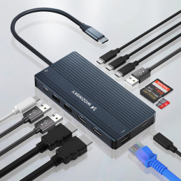 „Wozinsky WDS03Y5S 14 viename USB-C šakotuvas, daugiafunkcis, aliuminis, iki 3 monitorių, su 15 cm laidu - pilkas