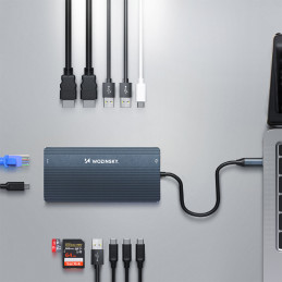 „Wozinsky WDS03Y5S 14 viename USB-C šakotuvas, daugiafunkcis, aliuminis, iki 3 monitorių, su 15 cm laidu - pilkas