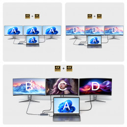„Wozinsky WDS03Y5S 14 viename USB-C šakotuvas, daugiafunkcis, aliuminis, iki 3 monitorių, su 15 cm laidu - pilkas