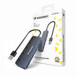 „Wozinsky WHS080YSS“ 4 x USB-A 3.0 šakotuvas su atskirais jungikliais, aliuminis, su 15 cm laidu - pilkas