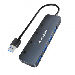 „Wozinsky WHS080YSS“ 4 x USB-A 3.0 šakotuvas su atskirais jungikliais, aliuminis, su 15 cm laidu - pilkas
