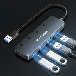 „Wozinsky WHS080YSS“ 4 x USB-A 3.0 šakotuvas su atskirais jungikliais, aliuminis, su 15 cm laidu - pilkas