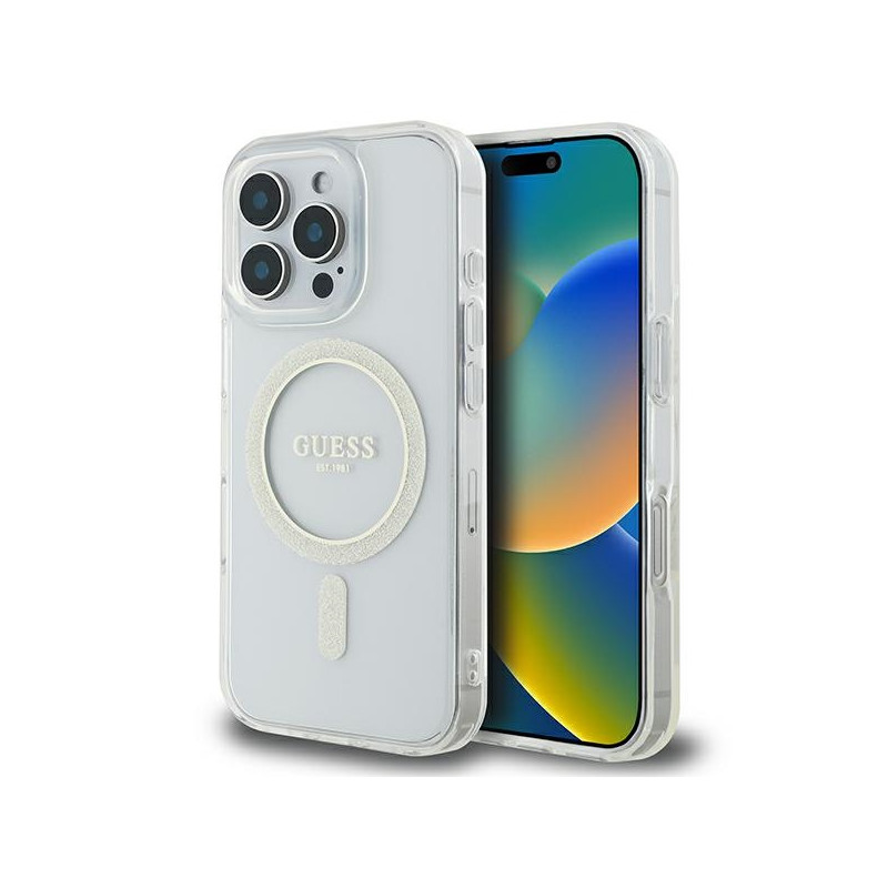 „Guess IML Glitter Circle“ „MagSafe“ dėklas, skirtas „iPhone 16 Pro Max“ – skaidrus