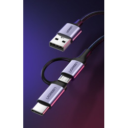 Ugreen kabelis 2in1 USB – mikro USB / USB Type C 1m 2.4A juodas (30875)