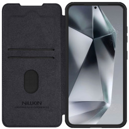 „Nillkin Qin Pro“ dėklas, skirtas „Samsung Galaxy S25+“ su atlenkiama ir kameros dangteliu – juodas