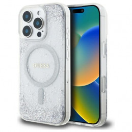 „Guess“ „Resin Gradient Blizgučiais“ puoštas „MagSafe“ dėklas, skirtas „iPhone 16 Pro“ – sidabrinis