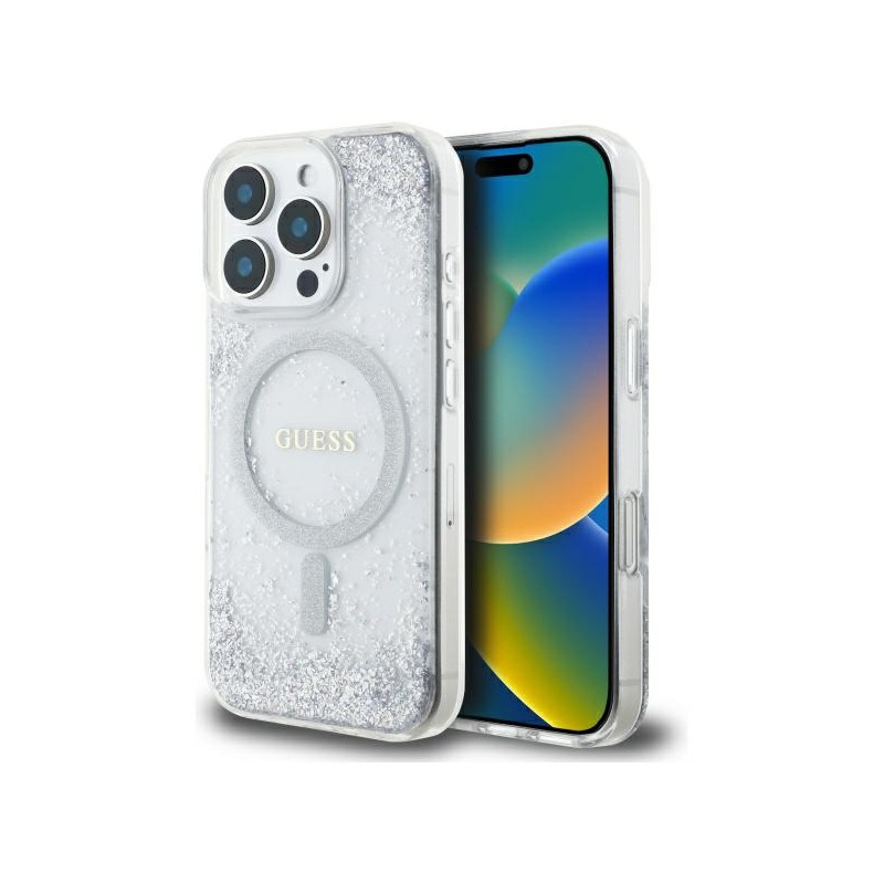 „Guess“ „Resin Gradient Blizgučiais“ puoštas „MagSafe“ dėklas, skirtas „iPhone 16 Pro“ – sidabrinis