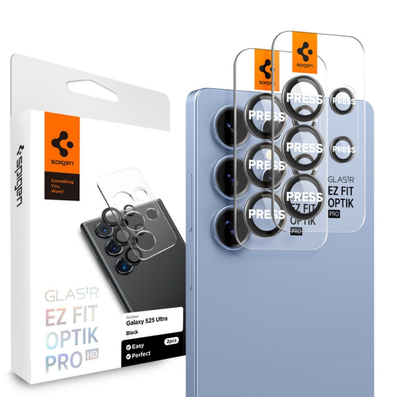 „Spigen Optik Pro GLAS.TR EZ FIT“ 2 kameros dėklų rinkinys, skirtas „Samsung Galaxy S25 Ultra“ – juodas