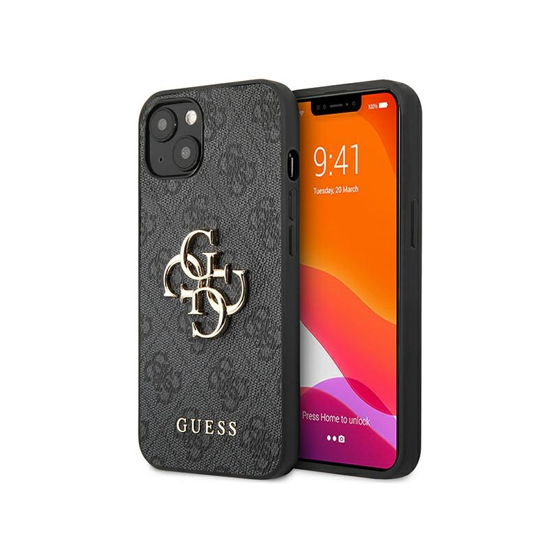 „Guess 4G“ didelis metalinis logotipo dėklas iPhone 13 / 14 / 15 6.1" – pilkas