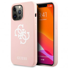 „Guess“ silikoninis 4G logotipo dėklas iPhone 13 Pro Max 6.7" telefonui – rožinis
