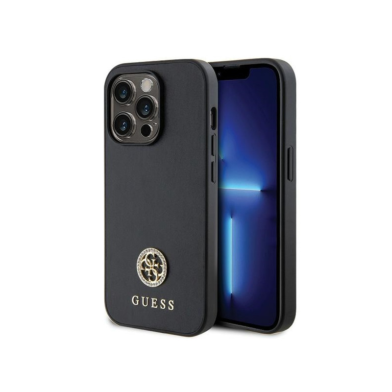 „Guess Strass“ metalinis logotipo dėklas iPhone 14 Pro Max 6.7" telefonui – juodas