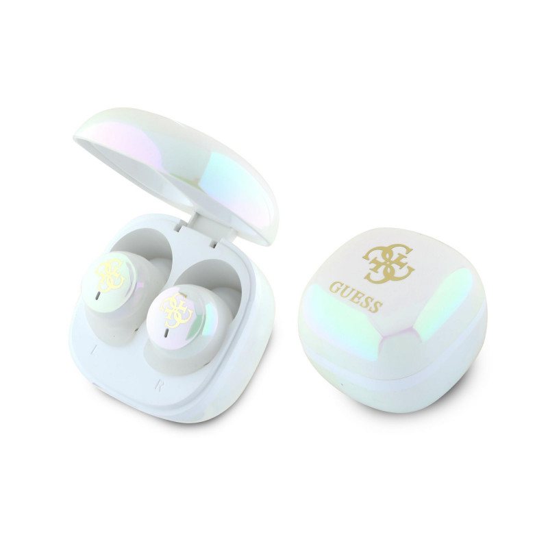 „Guess Iridescent 4G“ TWS „Bluetooth“ ausinės su spausdintu logotipu ir įkrovimo stotele – baltos