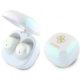 „Guess Iridescent 4G“ TWS „Bluetooth“ ausinės su spausdintu logotipu ir įkrovimo stotele – baltos