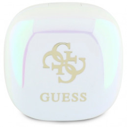 „Guess Iridescent 4G“ TWS „Bluetooth“ ausinės su spausdintu logotipu ir įkrovimo stotele – baltos
