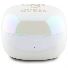 „Guess Iridescent 4G“ TWS „Bluetooth“ ausinės su spausdintu logotipu ir įkrovimo stotele – baltos