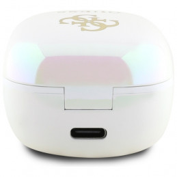 „Guess Iridescent 4G“ TWS „Bluetooth“ ausinės su spausdintu logotipu ir įkrovimo stotele – baltos