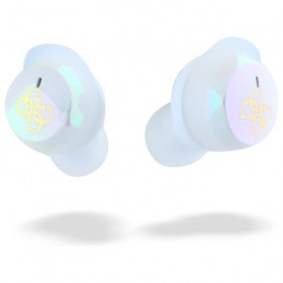 „Guess Iridescent 4G“ TWS „Bluetooth“ ausinės su spausdintu logotipu ir įkrovimo stotele – baltos