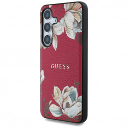 „Guess“ grūdėto rašto gėlių rašto „MagSafe“ dėklas, skirtas „Samsung Galaxy S25“, fuksijos spalvos.