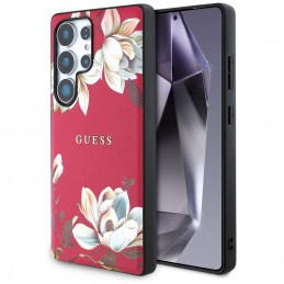 „Guess“ grūdėtu raštu margintas gėlių rašto „MagSafe“ dėklas, skirtas „Samsung Galaxy S25 Ultra“, fuksijos spalvos