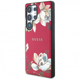„Guess“ grūdėtu raštu margintas gėlių rašto „MagSafe“ dėklas, skirtas „Samsung Galaxy S25 Ultra“, fuksijos spalvos
