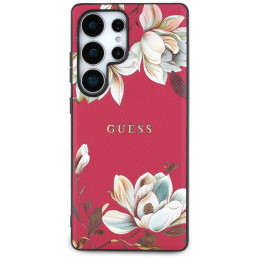 „Guess“ grūdėtu raštu margintas gėlių rašto „MagSafe“ dėklas, skirtas „Samsung Galaxy S25 Ultra“, fuksijos spalvos