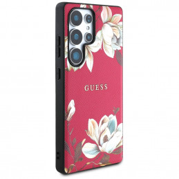 „Guess“ grūdėtu raštu margintas gėlių rašto „MagSafe“ dėklas, skirtas „Samsung Galaxy S25 Ultra“, fuksijos spalvos
