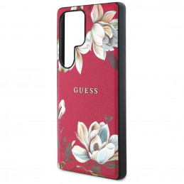 „Guess“ grūdėtu raštu margintas gėlių rašto „MagSafe“ dėklas, skirtas „Samsung Galaxy S25 Ultra“, fuksijos spalvos