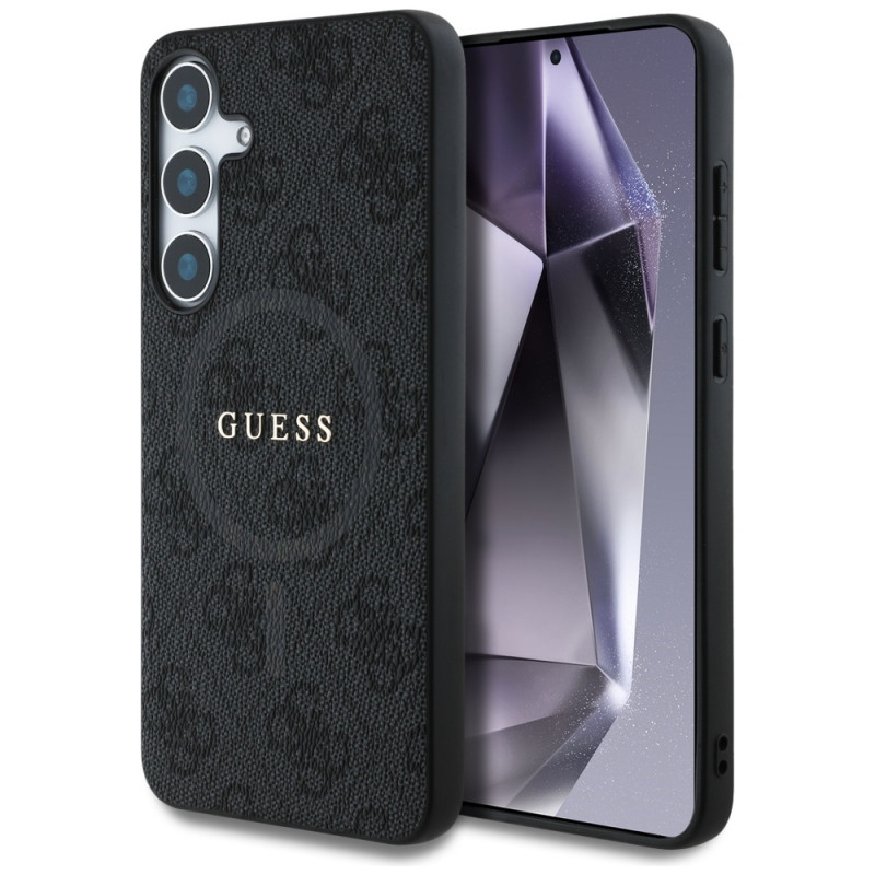 „Guess“ odinis 4G spalvotas žiedas su klasikiniu logotipu, „MagSafe“ dėklas „Samsung Galaxy S25 Plus“, juodas