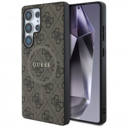 „Guess“ odinis 4G spalvoto žiedo klasikinis logotipas, „MagSafe“ dėklas, „Samsung Galaxy S25 Ultra“, rudas