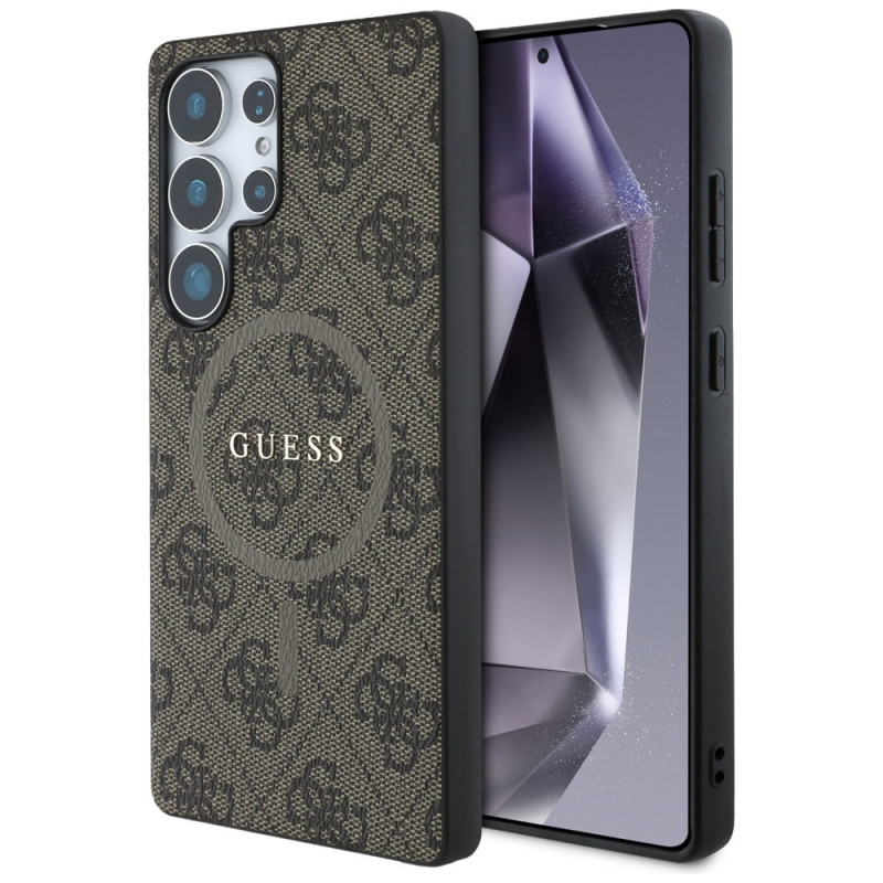 „Guess“ odinis 4G spalvoto žiedo klasikinis logotipas, „MagSafe“ dėklas, „Samsung Galaxy S25 Ultra“, rudas