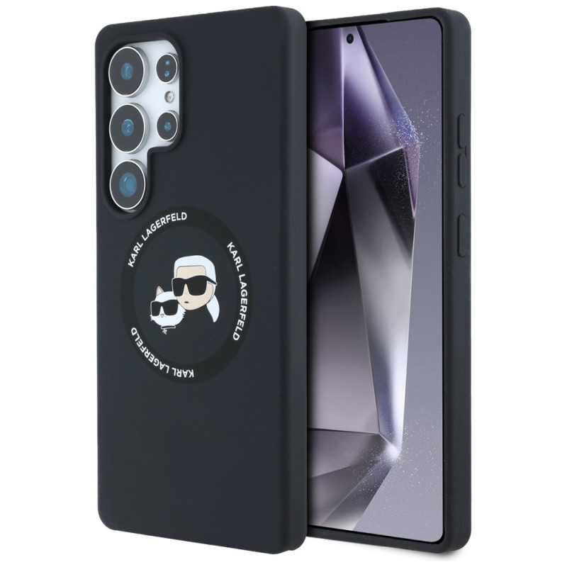 Karl Lagerfeld silikoninis dvigubų galvučių ir apskritimo formos MagSafe dėklas Samsung Galaxy S25 Ultra, juodas