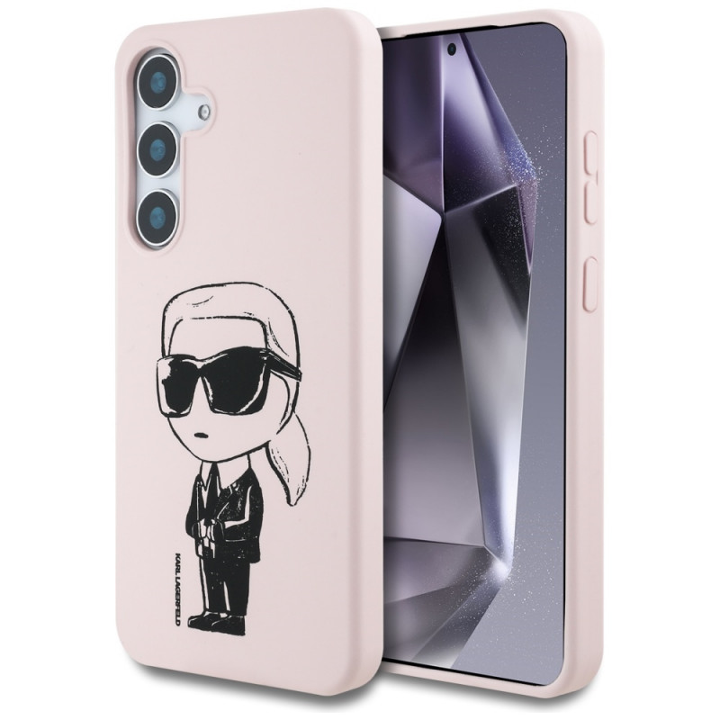 Karl Lagerfeld silikoninis grafiti Ikonik spausdintas logotipas MagSafe Samsung Galaxy S25 dėklas rožinis