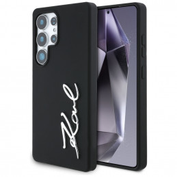 Karl Lagerfeld silikoninis metalinis parašo logotipas „Samsung Galaxy S25 Ultra“ dėklas, juodas