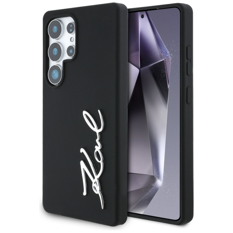 Karl Lagerfeld silikoninis metalinis parašo logotipas „Samsung Galaxy S25 Ultra“ dėklas, juodas