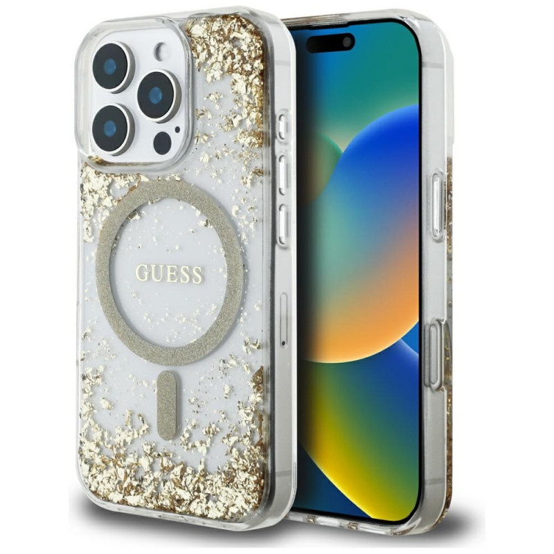 „Guess“ HC dervos dugnu su blizgučiais išskleistas „MagSafe“ dėklas, skirtas „iPhone 16 Pro Max“ – auksinis
