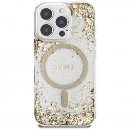 „Guess“ HC dervos dugnu su blizgučiais išskleistas „MagSafe“ dėklas, skirtas „iPhone 16 Pro Max“ – auksinis