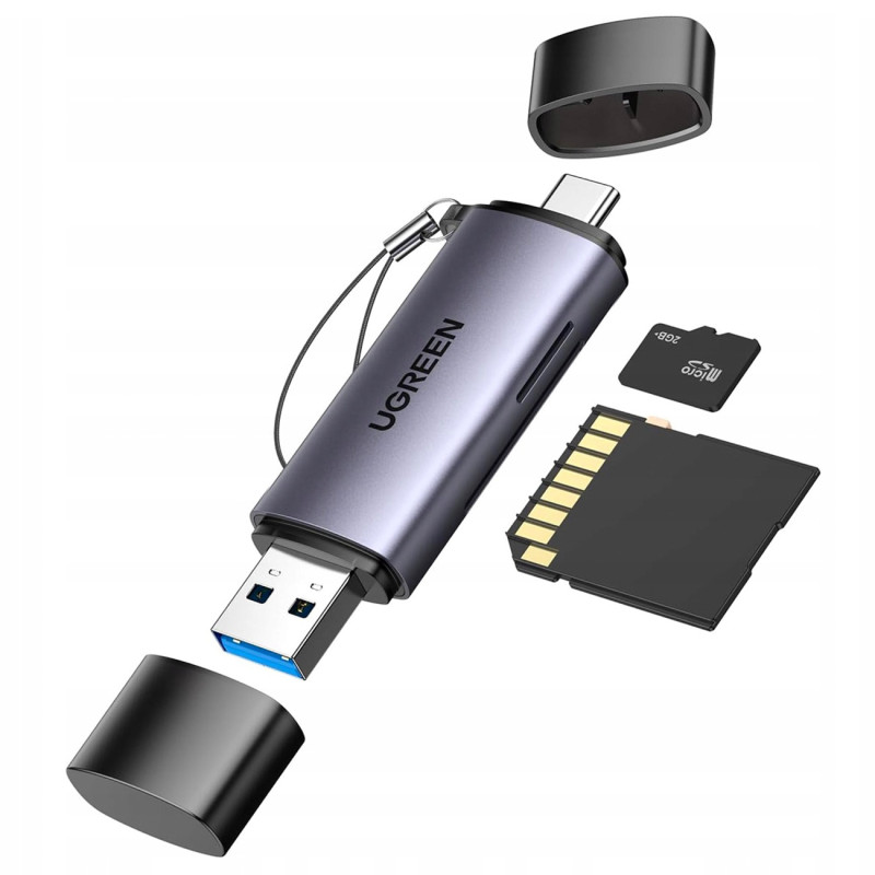 Ugreen CM185 50706 skaitytuvas, skirtas SD / micro SD kortelėms USB-A 3.0 / USB-C 3.0 - pilka