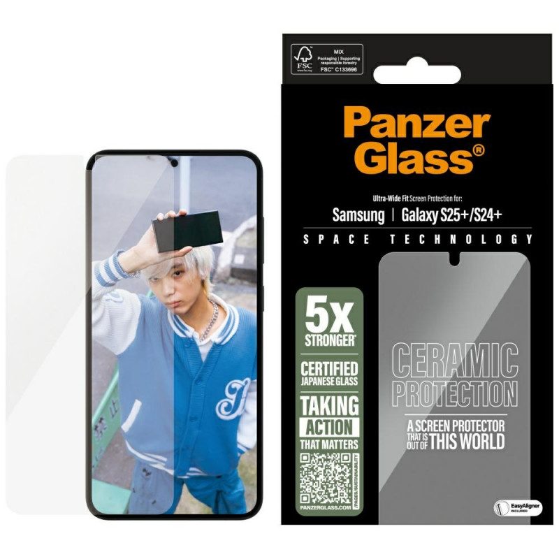 „PanzerGlass“ itin plataus diagonalinio keraminio stiklo dėklas, skirtas „Samsung Galaxy S25+“ – skaidrus