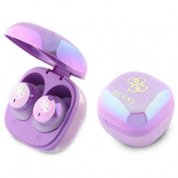 „Guess 4G“ „Bluetooth TWS“ ausinės su spausdintu logotipu ir įkrovimo stotele – violetinės