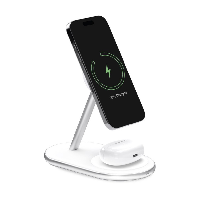 „Puro Mag Station 2-in-1“ belaidė telefono ir ausinių įkrovimo stotelė – balta