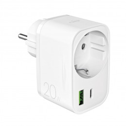 „Puro“ 20 W maitinimo įkroviklis su „Schuko“ kištuku ir lizdu (1x USB-C + 1x USB-A) – baltas