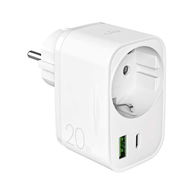 „Puro“ 20 W maitinimo įkroviklis su „Schuko“ kištuku ir lizdu (1x USB-C + 1x USB-A) – baltas